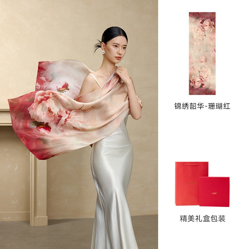 Blossoming Years Printed Mulberry Silk Shawl / Scarf