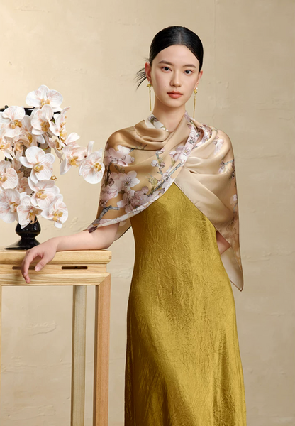 Blossoming Years Printed Mulberry Silk Shawl / Scarf