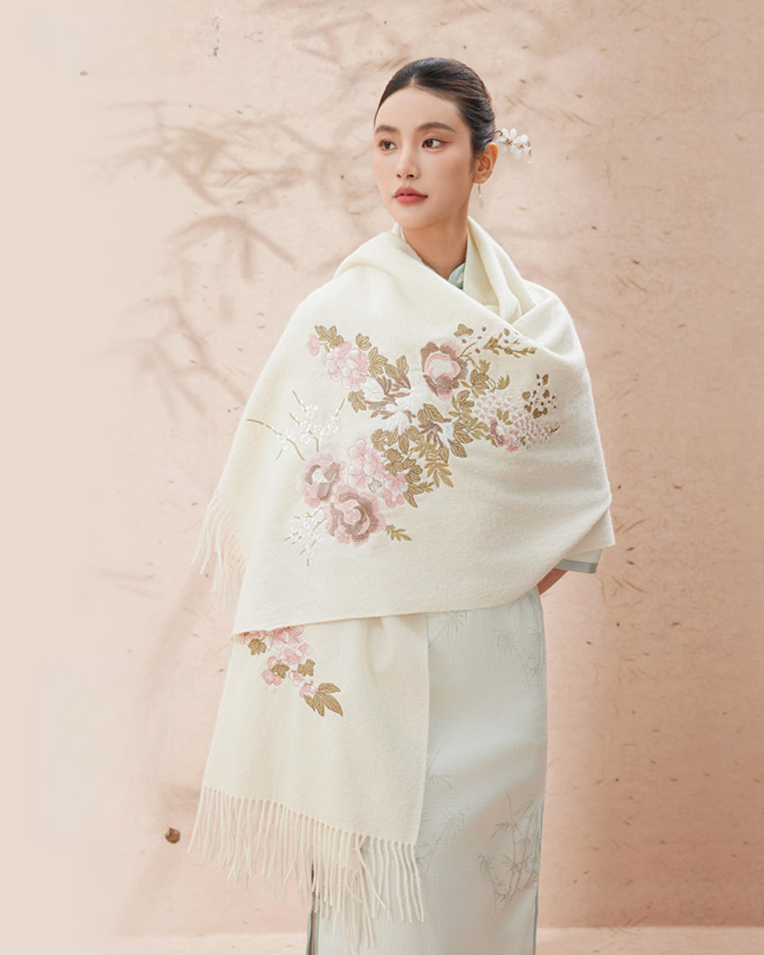 Brocade Splendour Embroidered Wool Scarf / Shawl