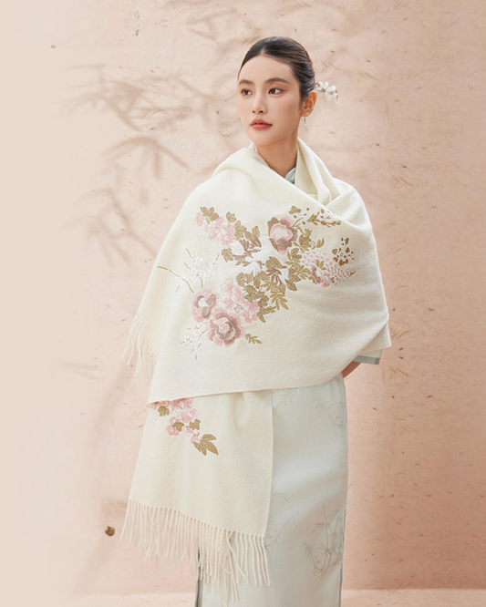 Brocade Splendour Embroidered Wool Scarf / Shawl
