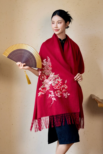 Brocade Splendour Embroidered Wool Scarf / Shawl