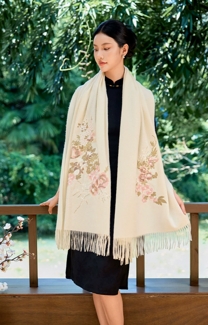 Brocade Splendour Embroidered Wool Scarf / Shawl