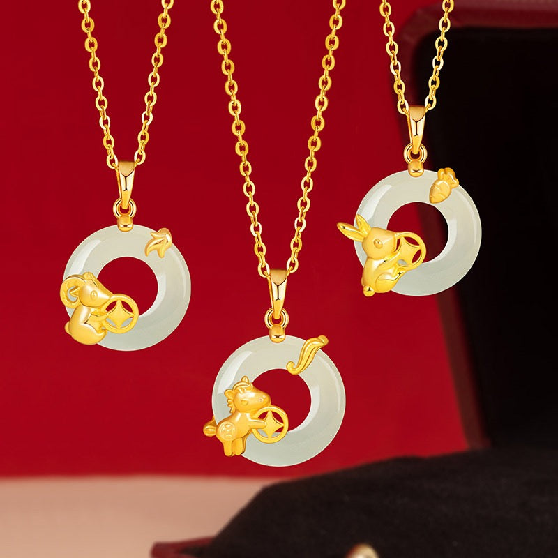 Fire Goat 2027 Jade Peace Buckle Zodiac Charm Necklace