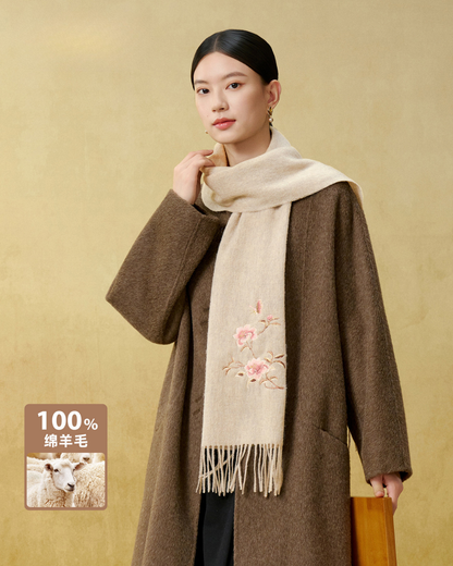 Camellia Blessings Embroidered Wool Scarf