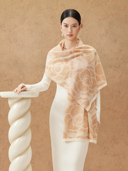 Camellia Season Jacquard Knit Wool Shawl / Scarf