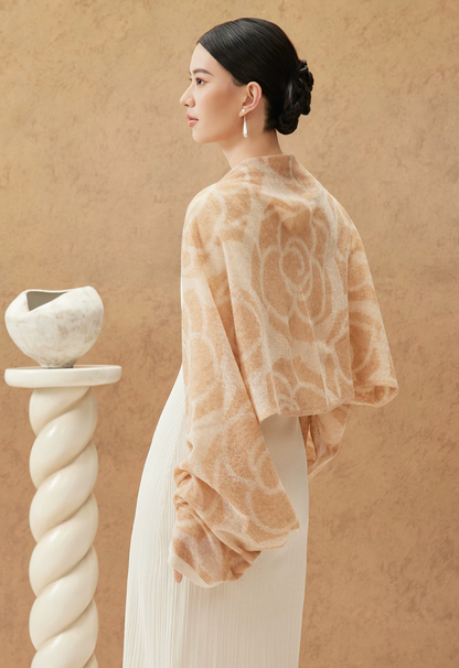 Camellia Season Jacquard Knit Wool Shawl / Scarf