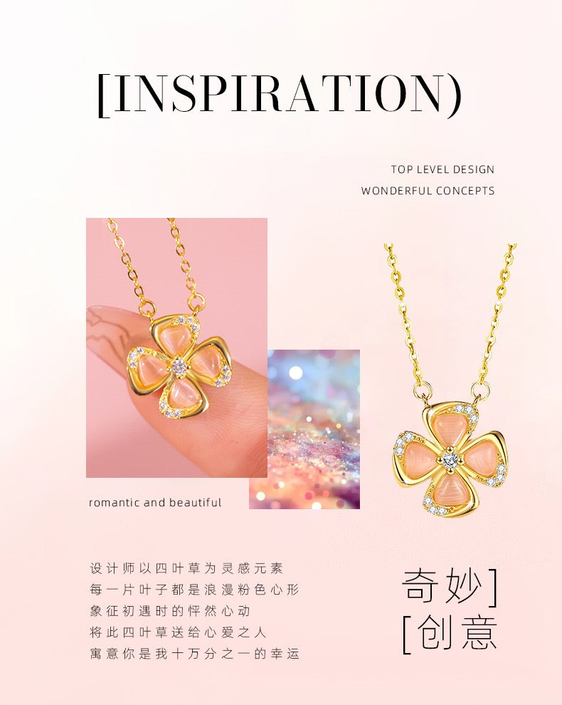 Lucky Clover Pink Cat's Eye Jewellery Set