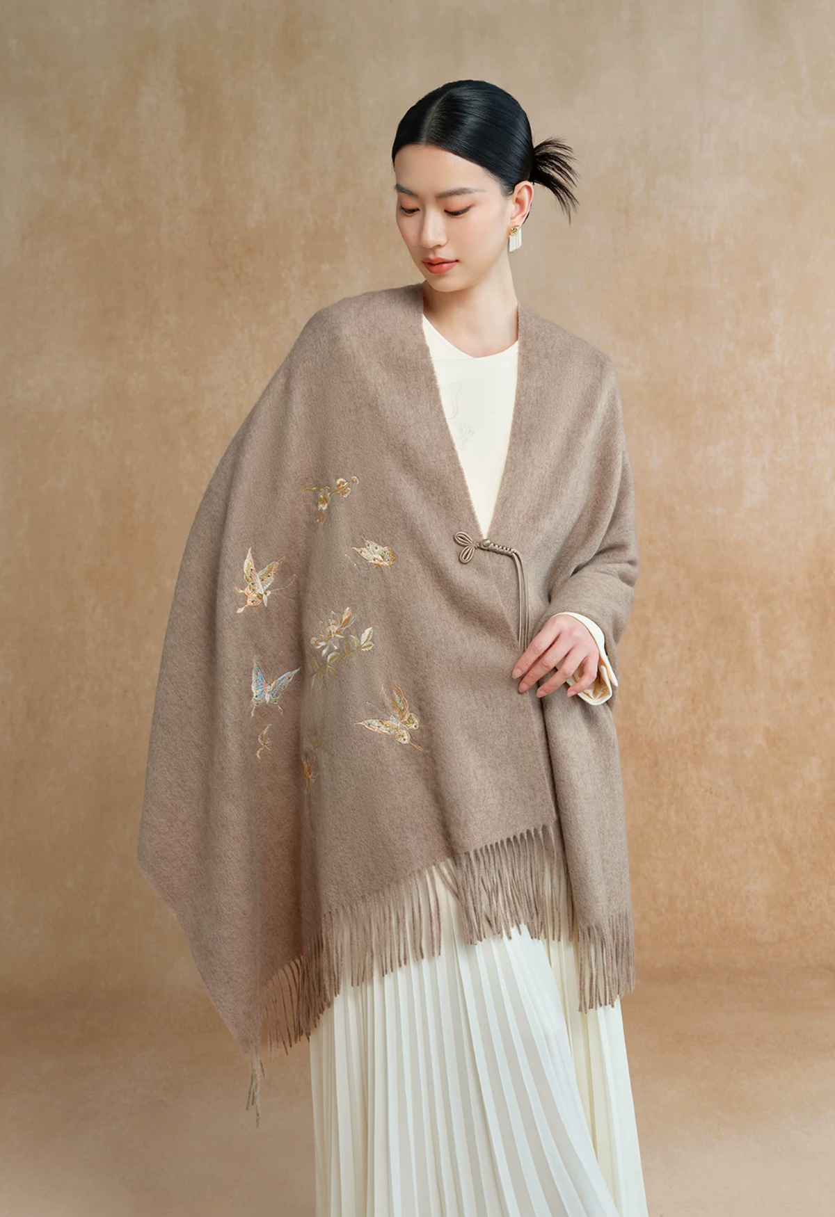 Dancing Butterflies Bead-Embroidered Wool Scarf / Shawl