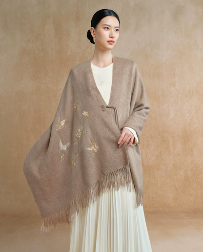 Dancing Butterflies Bead-Embroidered Wool Scarf / Shawl