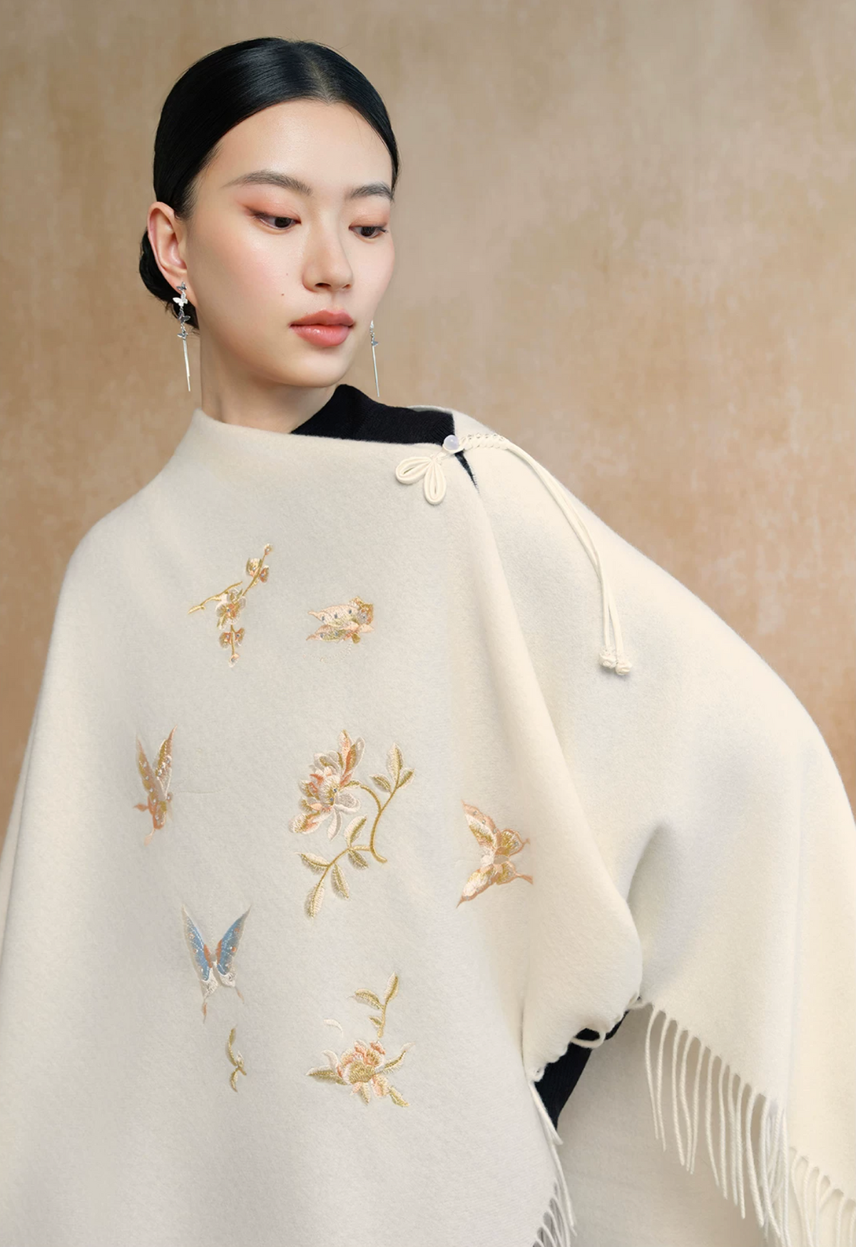 Dancing Butterflies Bead-Embroidered Wool Scarf / Shawl