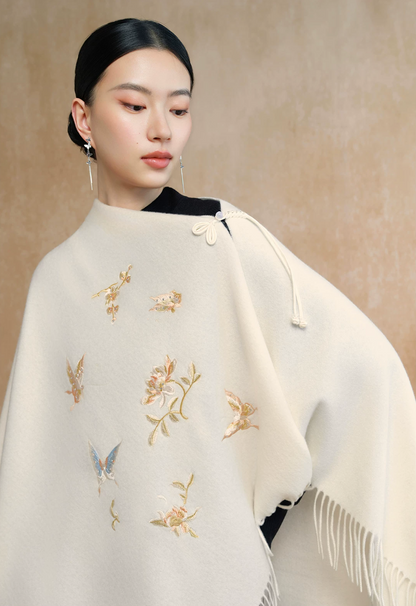 Dancing Butterflies Bead-Embroidered Wool Scarf / Shawl