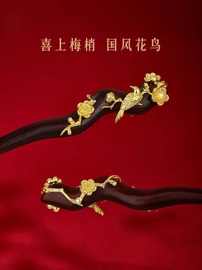 Magpie on Plum Sandalwood Hairpin