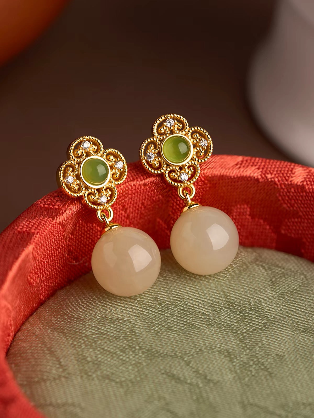 Verna White Jade Clover Drop Earrings