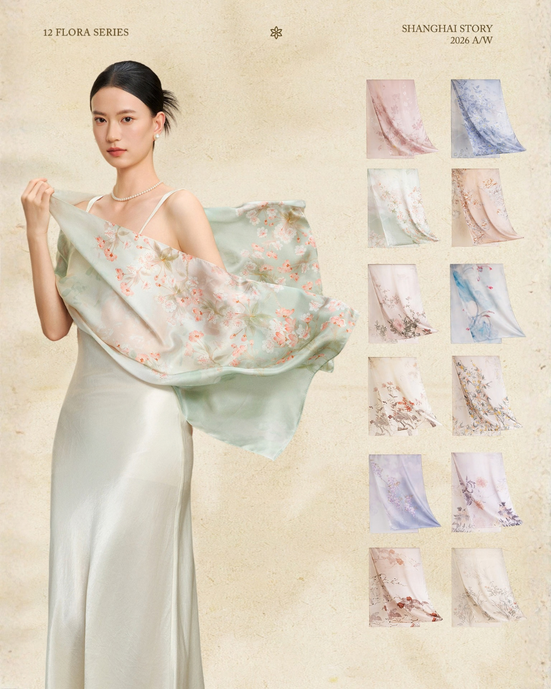 Flowers of the Twelve Months Mulberry Silk Scarf