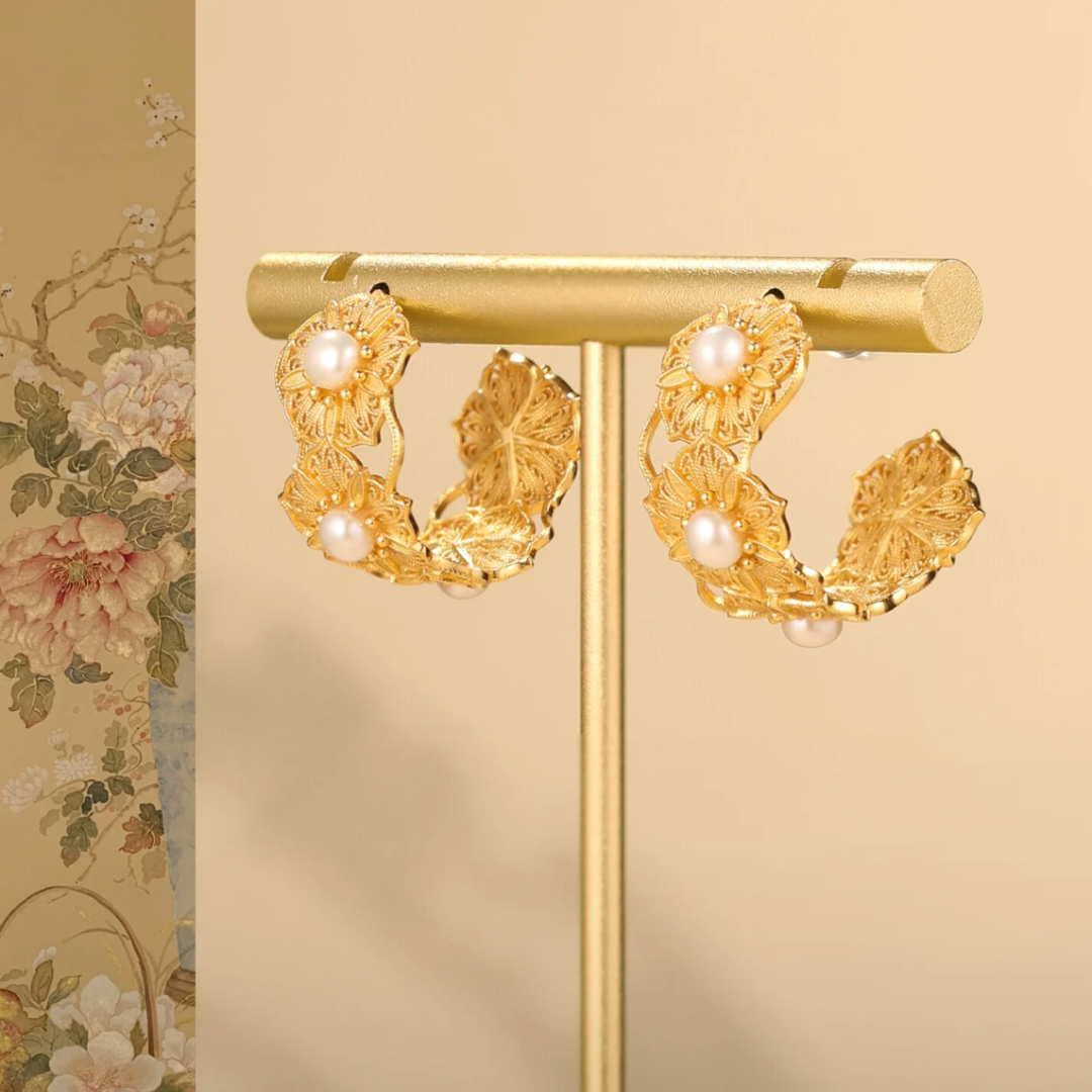 Gold Vermeil Blooming Flower Pearl Hoop Earrings
