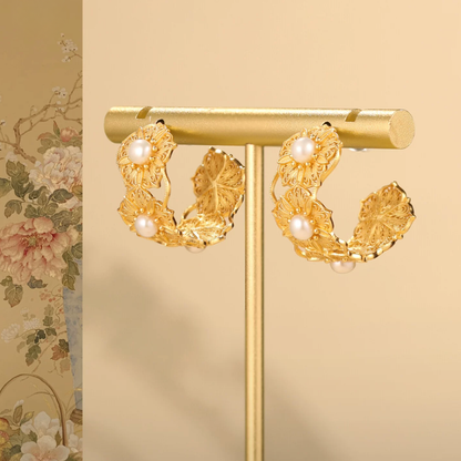 Gold Vermeil Blooming Flower Pearl Hoop Earrings