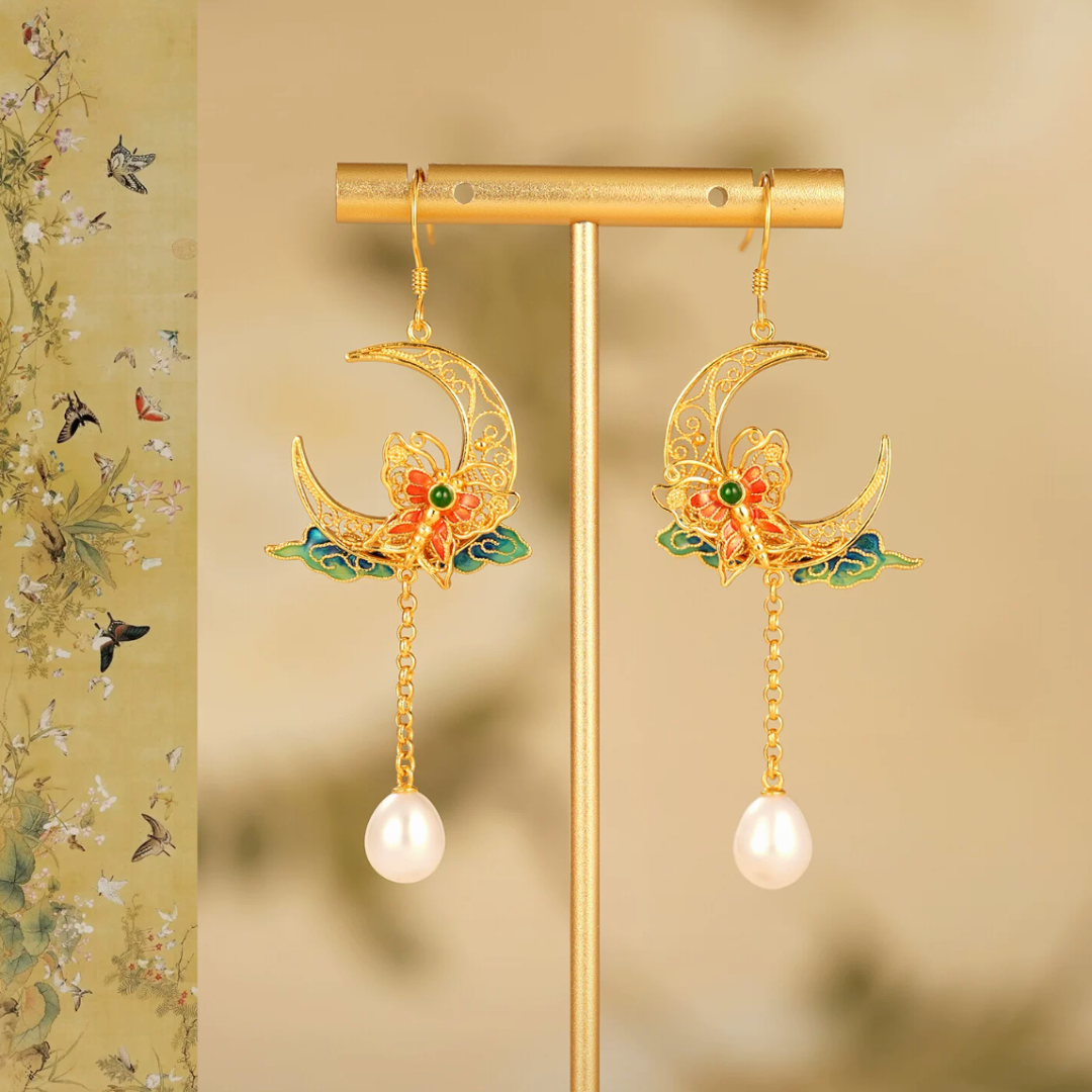 Gold Vermeil Crescent Moon Butterfly Pearl Earrings