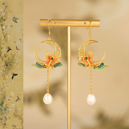 Gold Vermeil Crescent Moon Butterfly Pearl Earrings