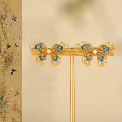 Gold Vermeil Enamel Butterfly Pearl Earrings