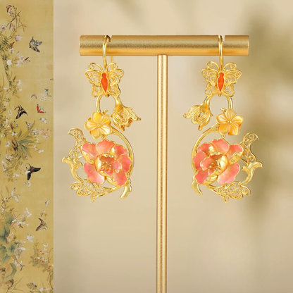 Gold Vermeil Hibiscus Butterfly Enamel Earrings