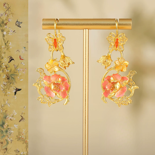 Gold Vermeil Hibiscus Butterfly Enamel Earrings