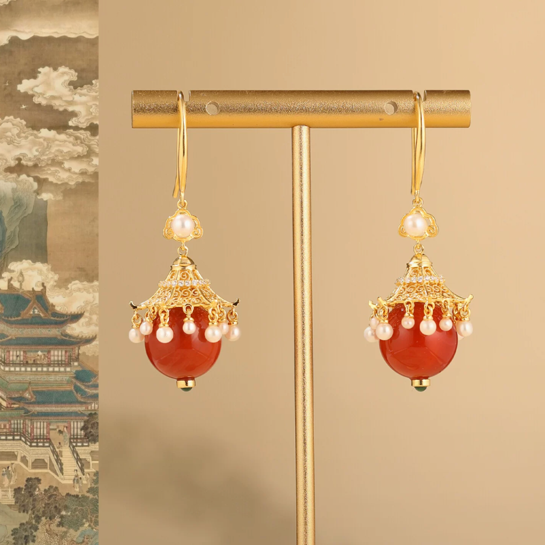 Gold Vermeil Palace Lantern Agate Pearl Earrings
