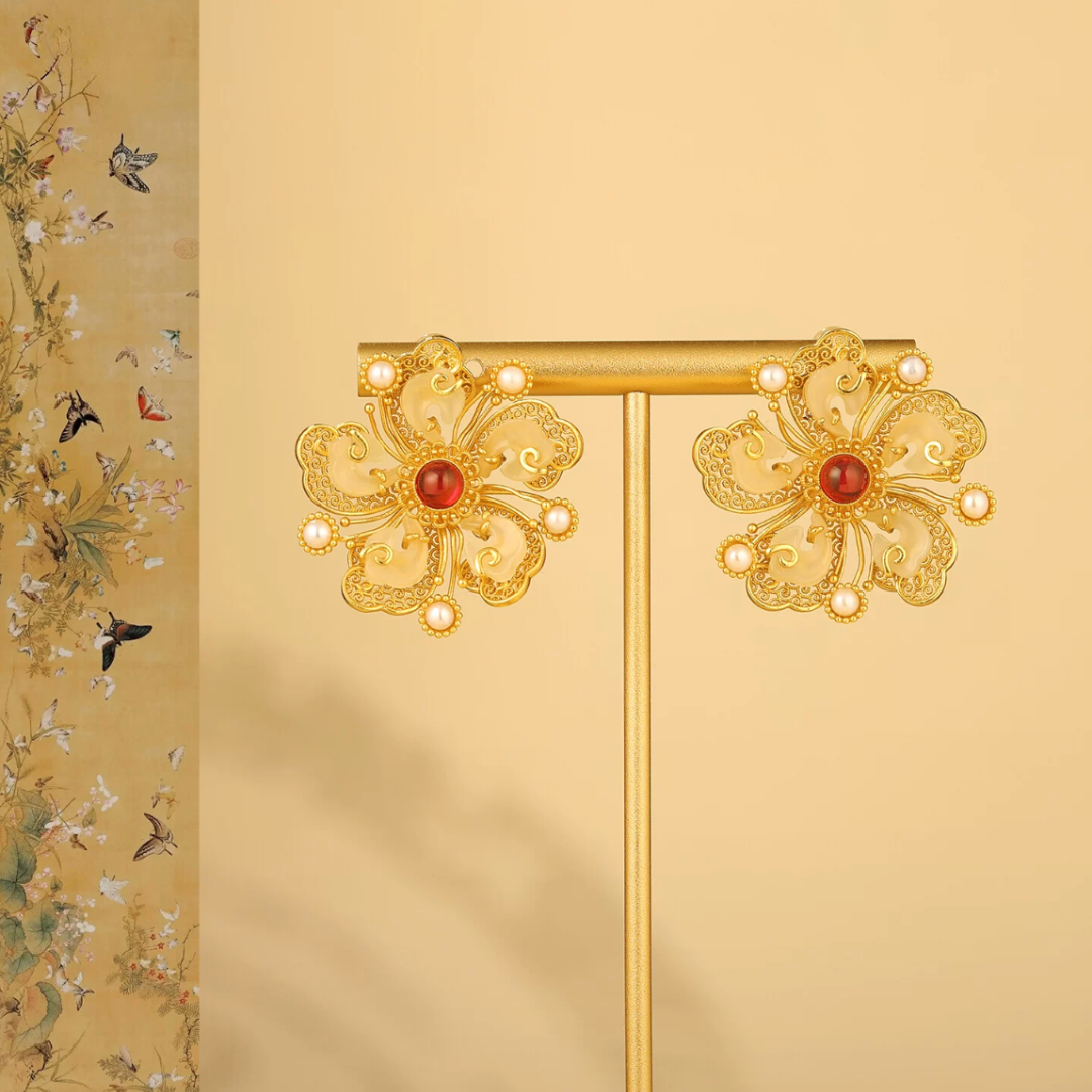 Gold Vermeil Peony Jade Ruby Earrings