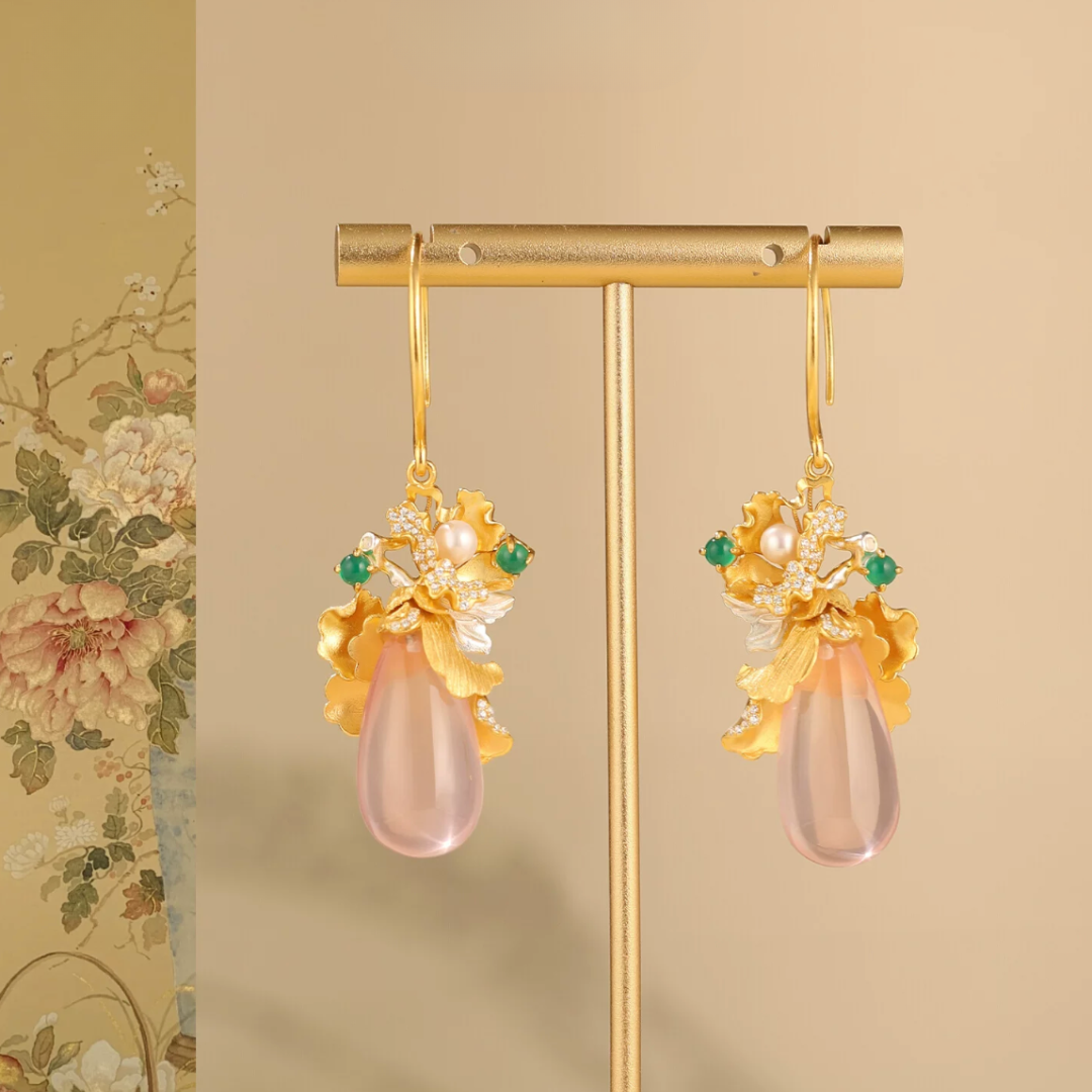 Gold Vermeil Peony Rose Quartz Drop Earrings