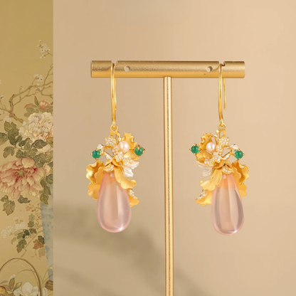 Gold Vermeil Peony Rose Quartz Drop Earrings