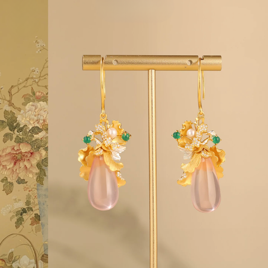 Gold Vermeil Peony Rose Quartz Drop Earrings
