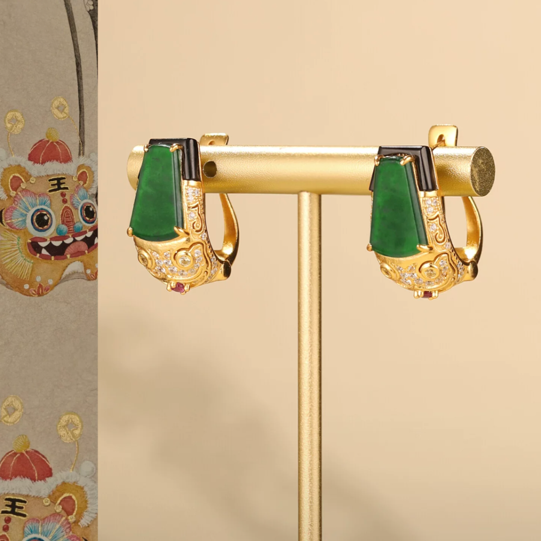Gold Vermeil Tiger Head Jade Earrings