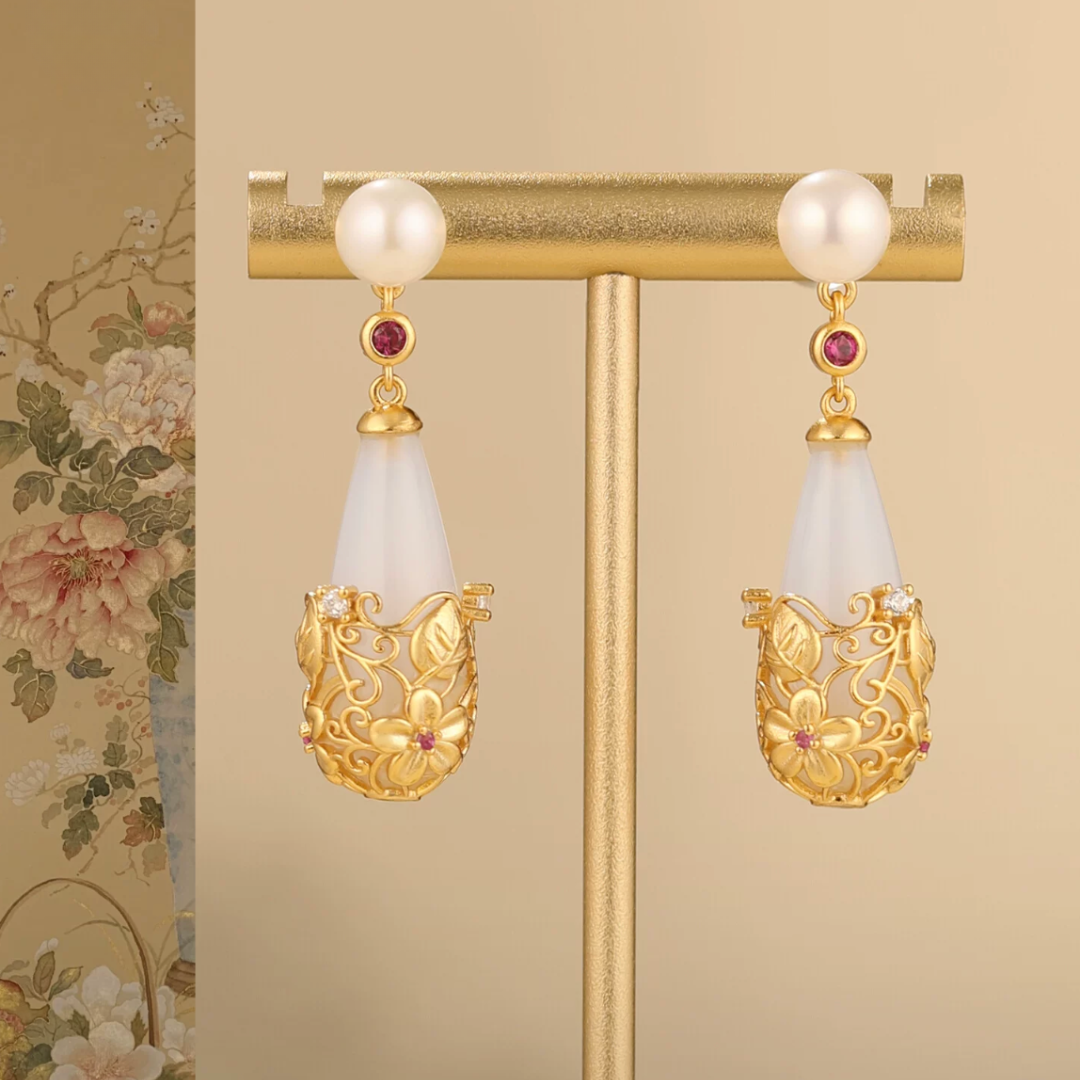 Gold Vermeil Twining Vine Agate Pearl Earrings