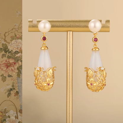 Gold Vermeil Twining Vine Agate Pearl Earrings
