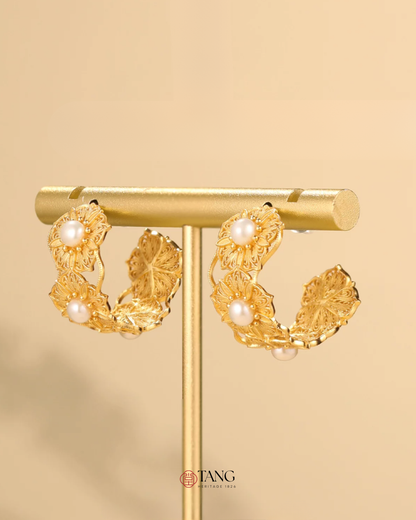 Gold Vermeil Blooming Flower Pearl Hoop Earrings