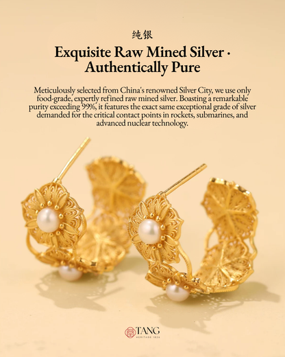 Gold Vermeil Blooming Flower Pearl Hoop Earrings