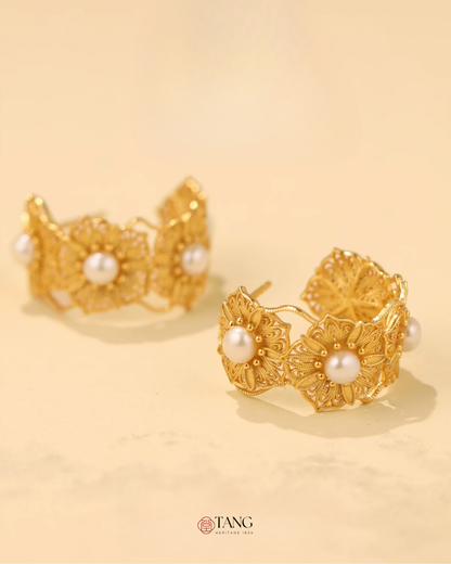 Gold Vermeil Blooming Flower Pearl Hoop Earrings