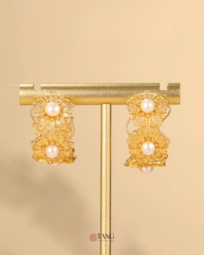 Gold Vermeil Blooming Flower Pearl Hoop Earrings