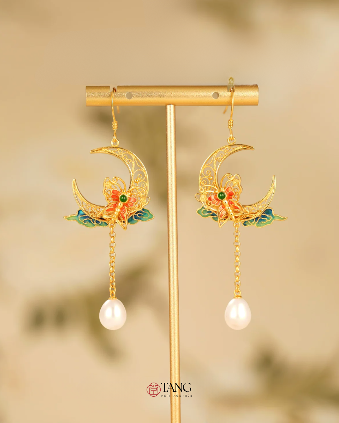 Gold Vermeil Crescent Moon Butterfly Pearl Earrings