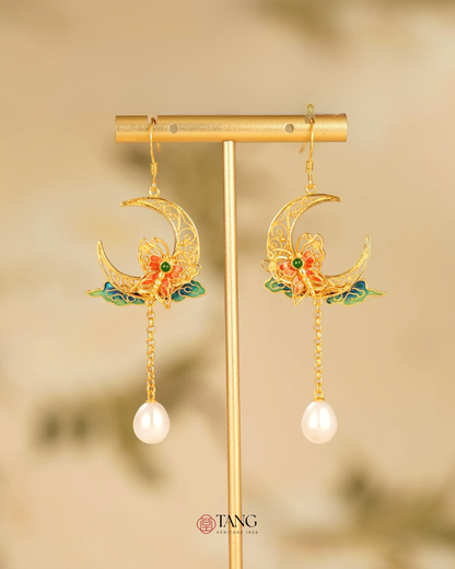 Gold Vermeil Crescent Moon Butterfly Pearl Earrings
