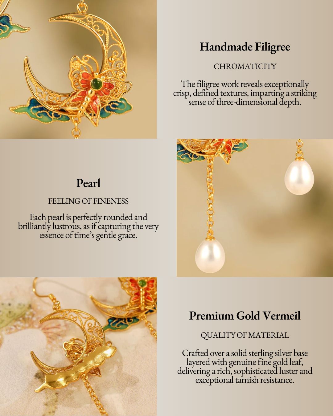 Gold Vermeil Crescent Moon Butterfly Pearl Earrings