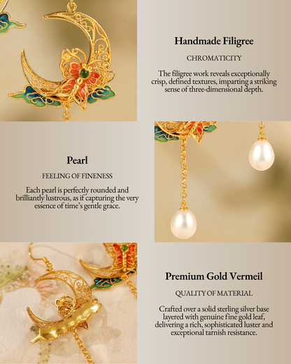 Gold Vermeil Crescent Moon Butterfly Pearl Earrings