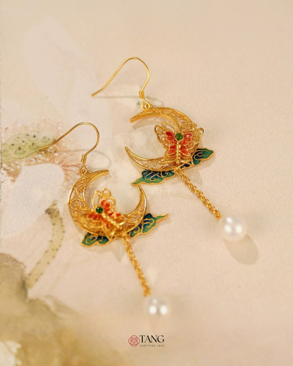 Gold Vermeil Crescent Moon Butterfly Pearl Earrings