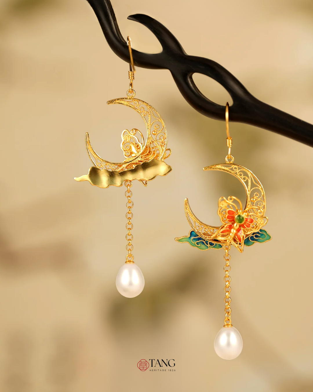 Gold Vermeil Crescent Moon Butterfly Pearl Earrings