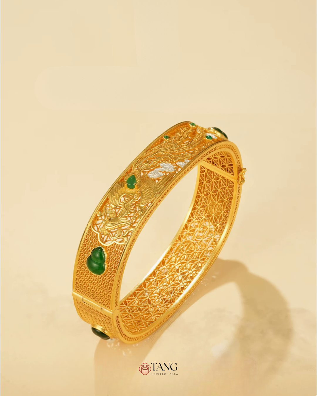Gold Vermeil Dragon Phoenix Jadeite Bangle