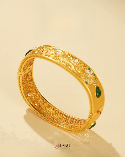 Gold Vermeil Dragon Phoenix Jadeite Bangle