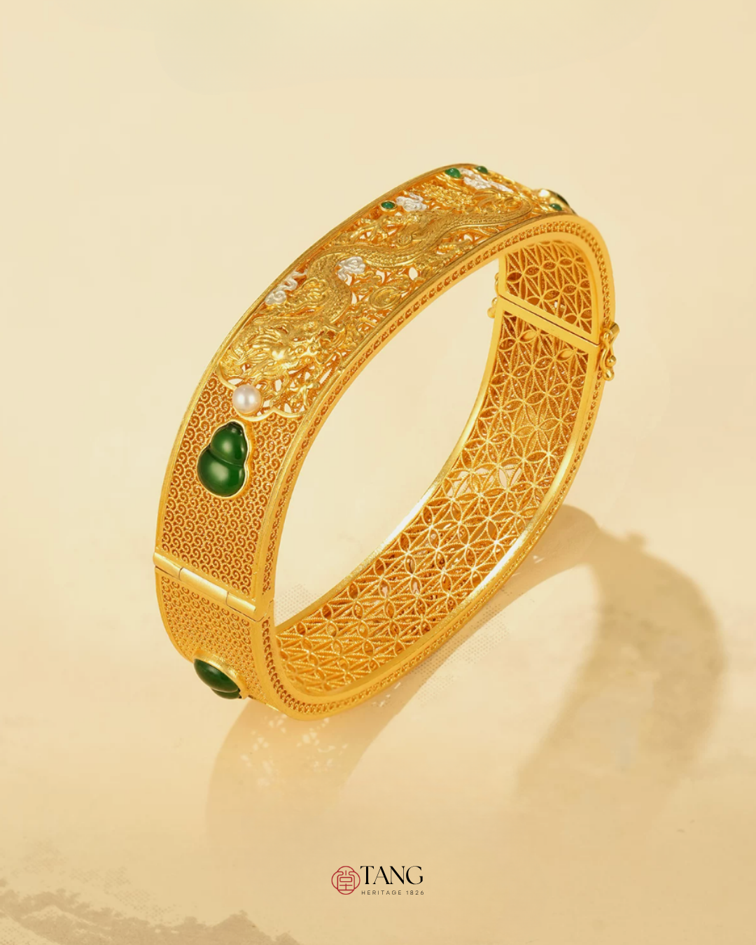 Gold Vermeil Dragon Phoenix Jadeite Bangle