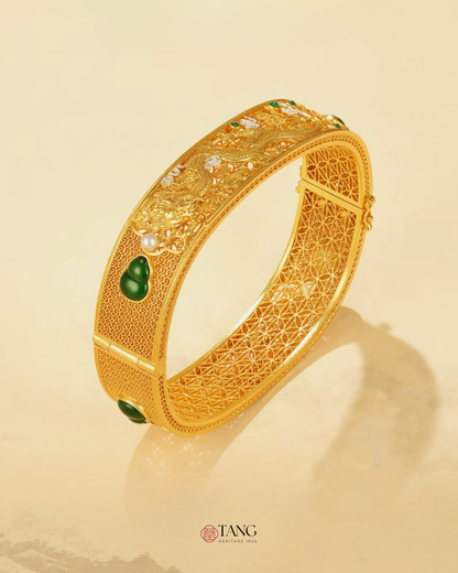 Gold Vermeil Dragon Phoenix Jadeite Bangle