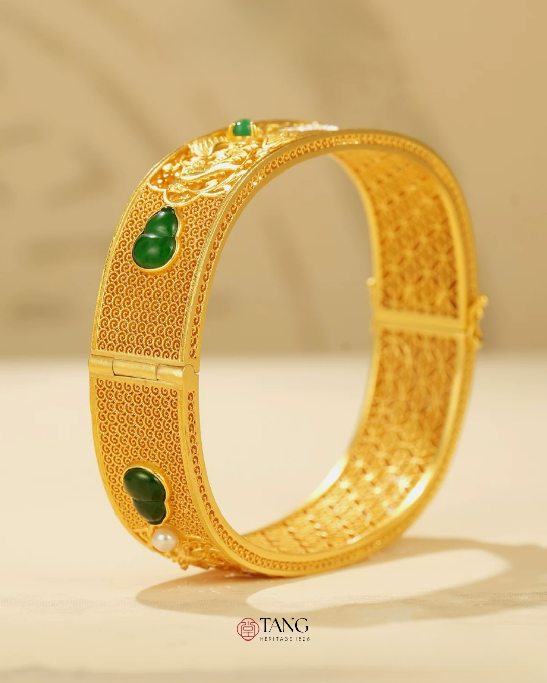 Gold Vermeil Dragon Phoenix Jadeite Bangle