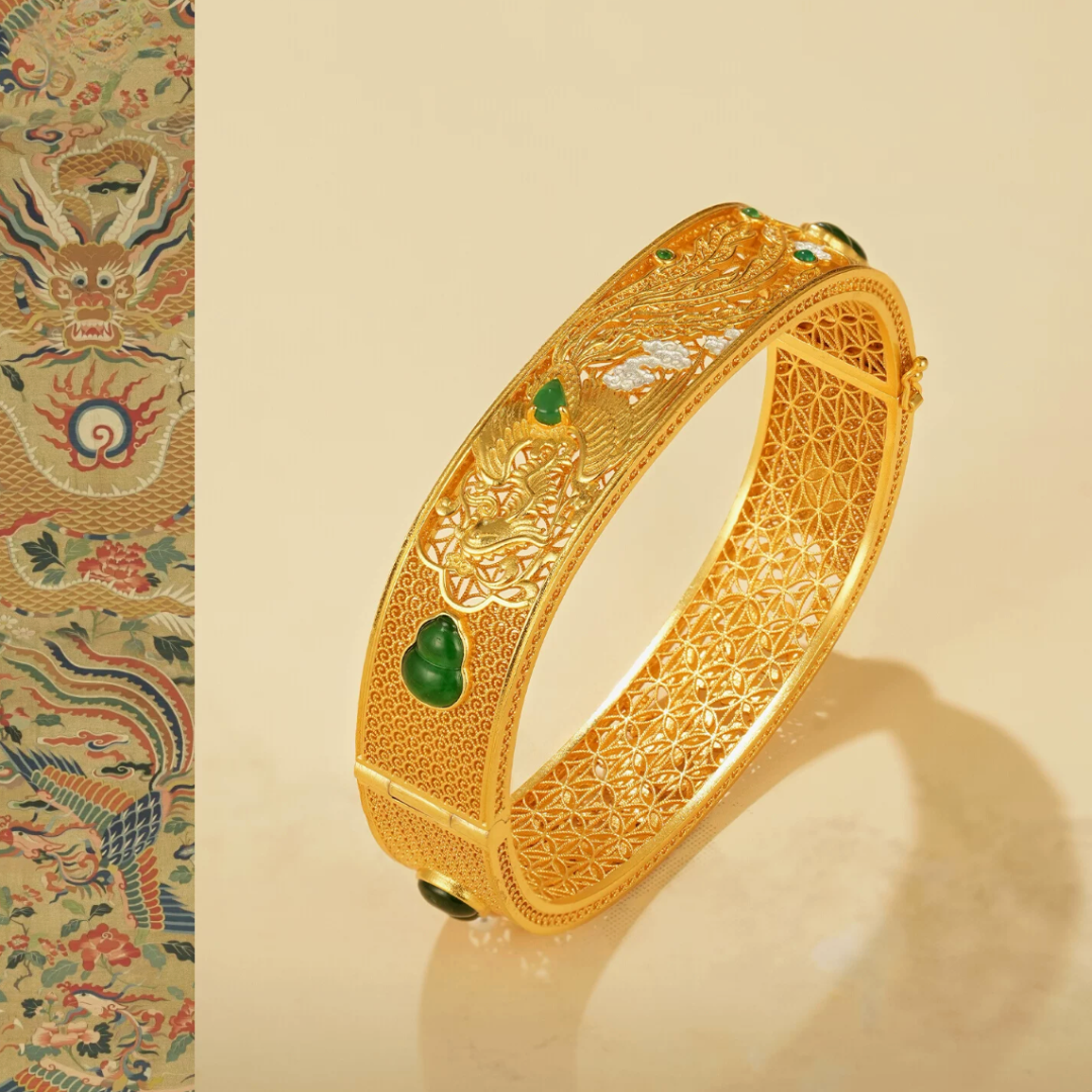 Gold Vermeil Dragon Phoenix Jadeite Bangle