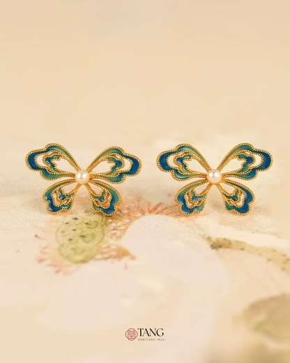 Gold Vermeil Enamel Butterfly Pearl Earrings
